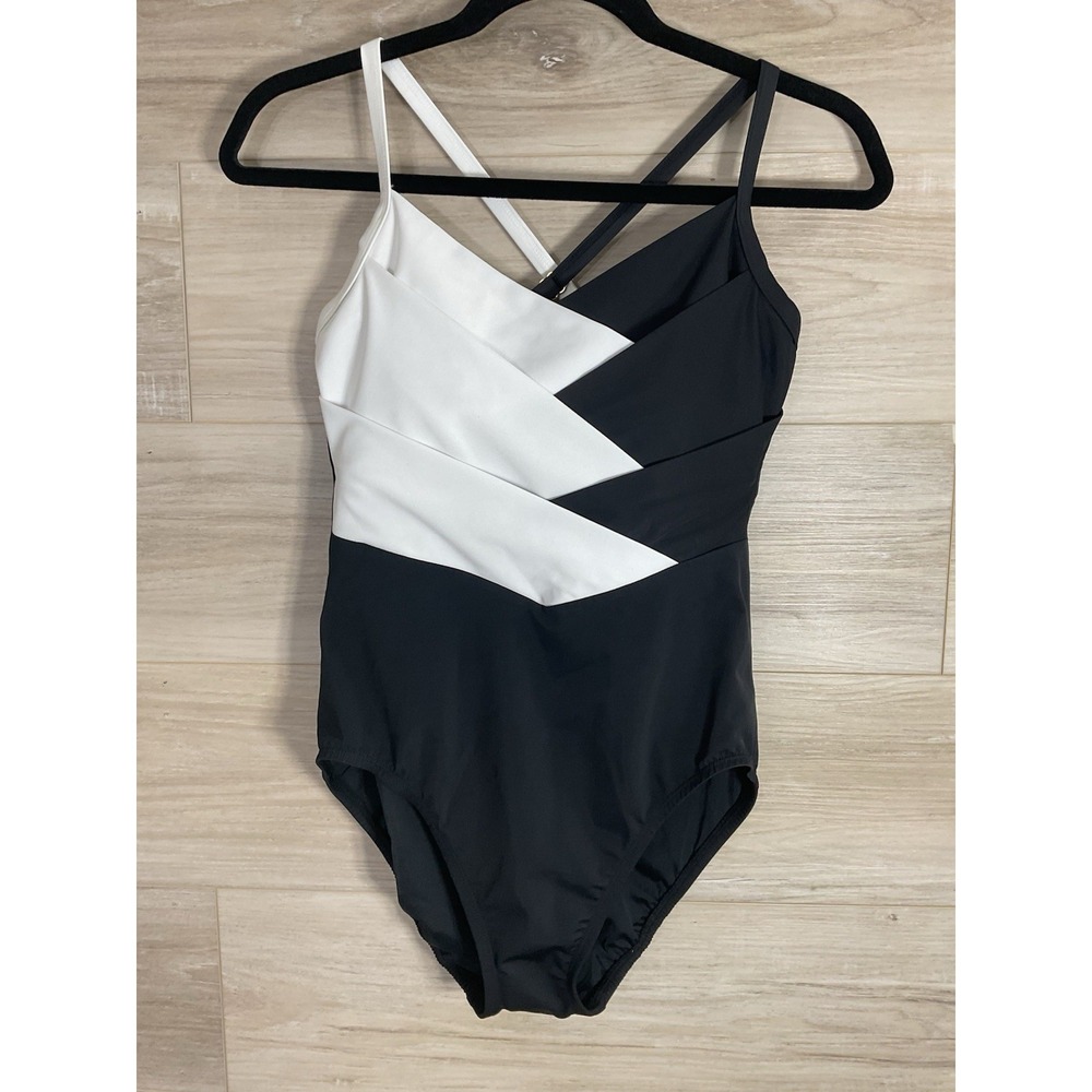LANDS END Slender Suit 1-Piece Swimsuit X-Back Mold Cups Tiered Pleat Size 8